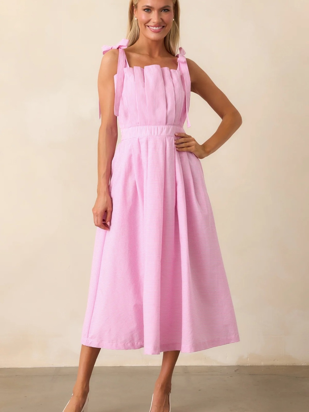 Prosperina Pink Stripe Cotton Midi Dress with Tie Shoulder Straps